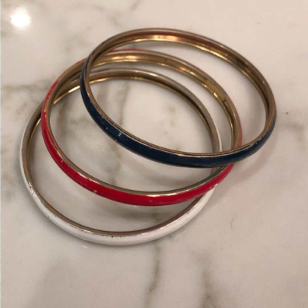❤️Red White Blue Gold-Tone Enamel Nautical Bangle Bracelet Set - OS